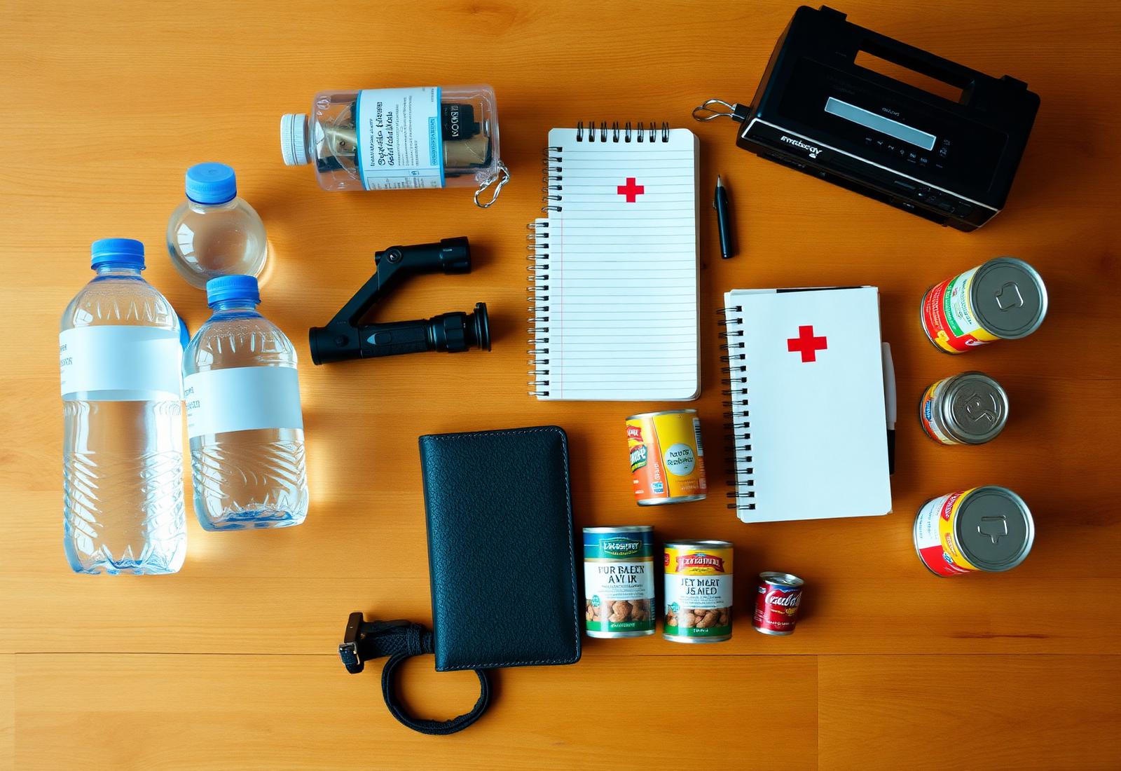 A tidy household emergency kit laid out on a wooden table